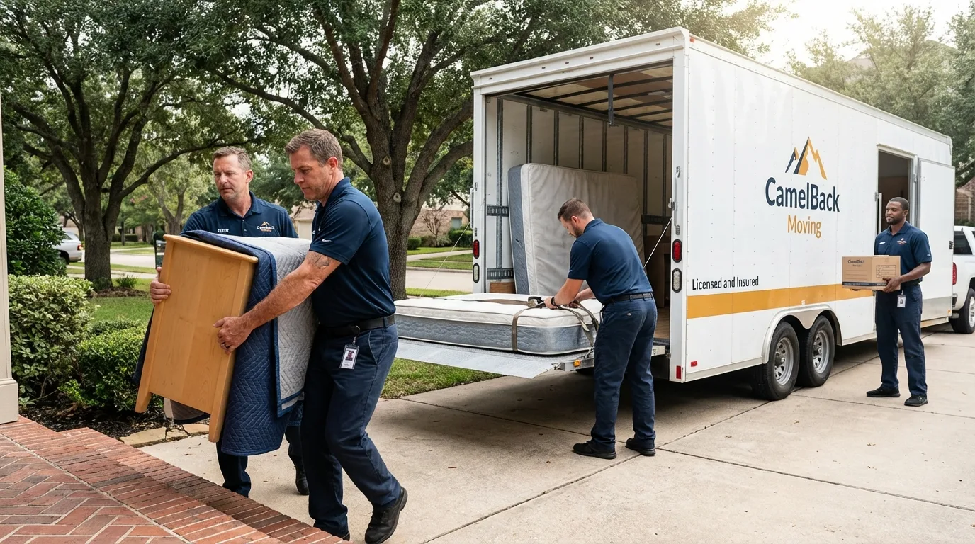 Crew loading residential truck for cross-state move from Bell Gardens, CA