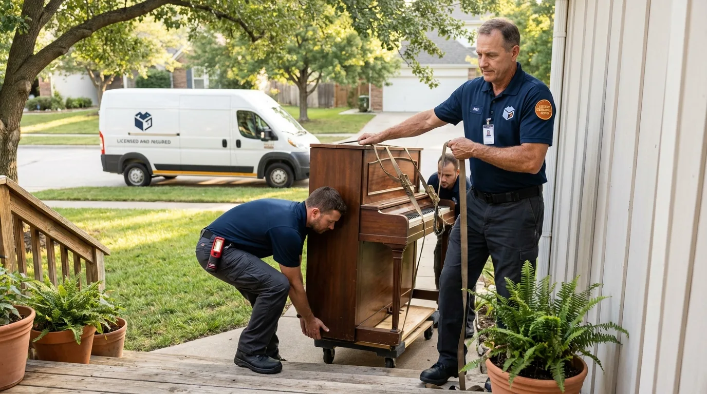 Licensed piano movers securing grand piano in Bell Gardens, CA