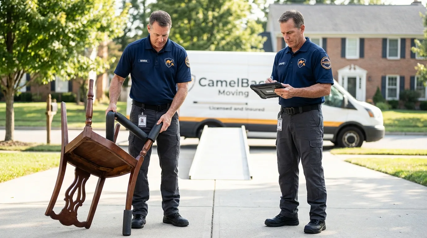 Movers inspecting furniture for damage prevention before loading in Bell Gardens, CA